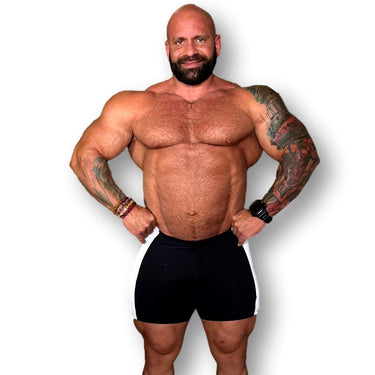 Gym Training Shorts Wide Stripe Black/White IFBB Pro Sam Cunado