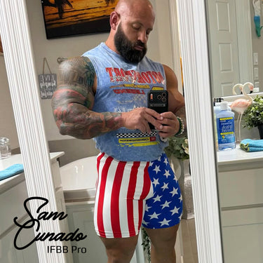 Retro Stripe Gym Shorts Stars & Stripes IFBB Pro Sam Cunado