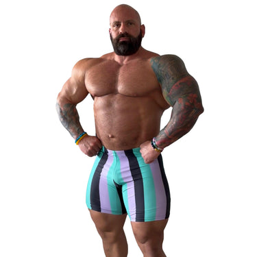 Camp Muscle Retro Stripe Gym Shorts Mint Lilac IFBB Pro Sam Cunado