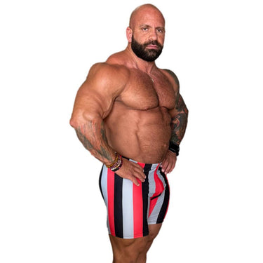 Camp Muscle Retro Stripe Gym Shorts Red Silver