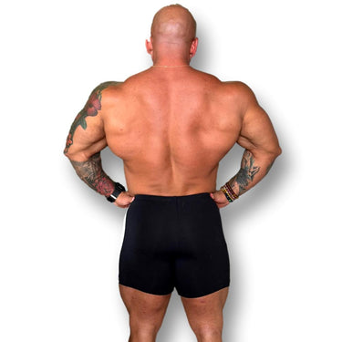 Gym Training Shorts Wide Stripe Black/White IFBB Pro Sam Cunado