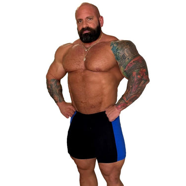 Gym Training Shorts Wide Stripe Black/Blue IFBB Pro Sam Cunado
