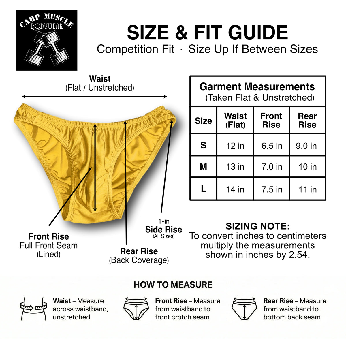 Traditional NPC Style Posing Trunks Sizing Guide
