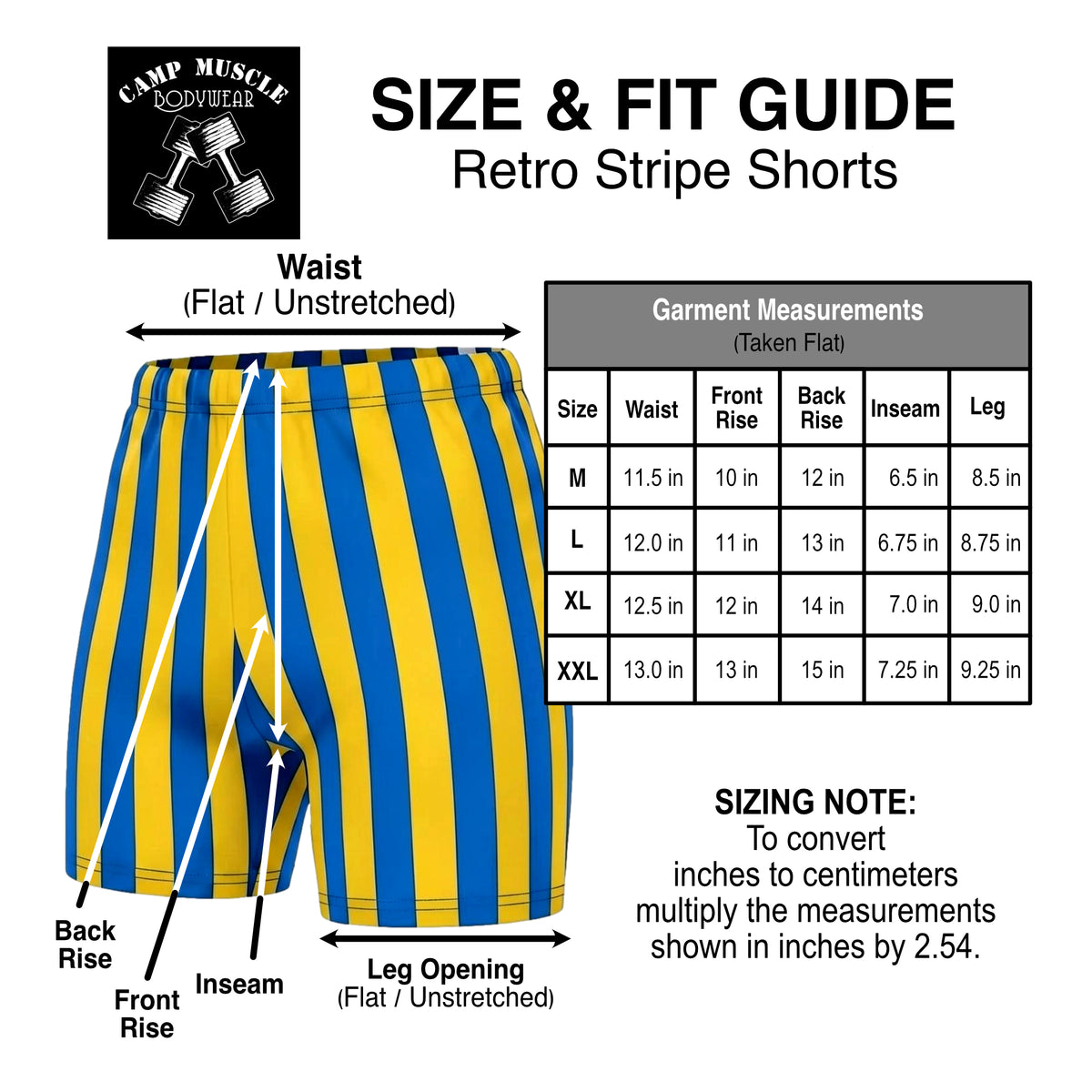 Two-Tone Retro Stripe Shorts Sizing Guide