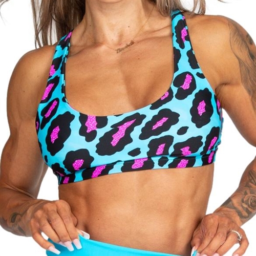 Blue Leopard Animal Print Sports Bra Scoop Neck Nylon Spandex