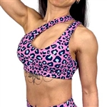 Pink Leopard Animal Print Sports Bra Scoop Neck Nylon Spandex